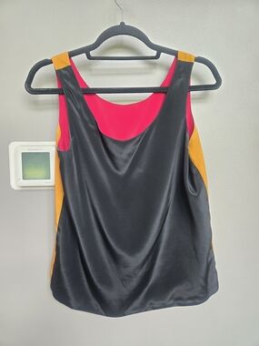 VTG 80s Dina Ariel Colorblock Satin Tank Top Pink Orange Teal Black S